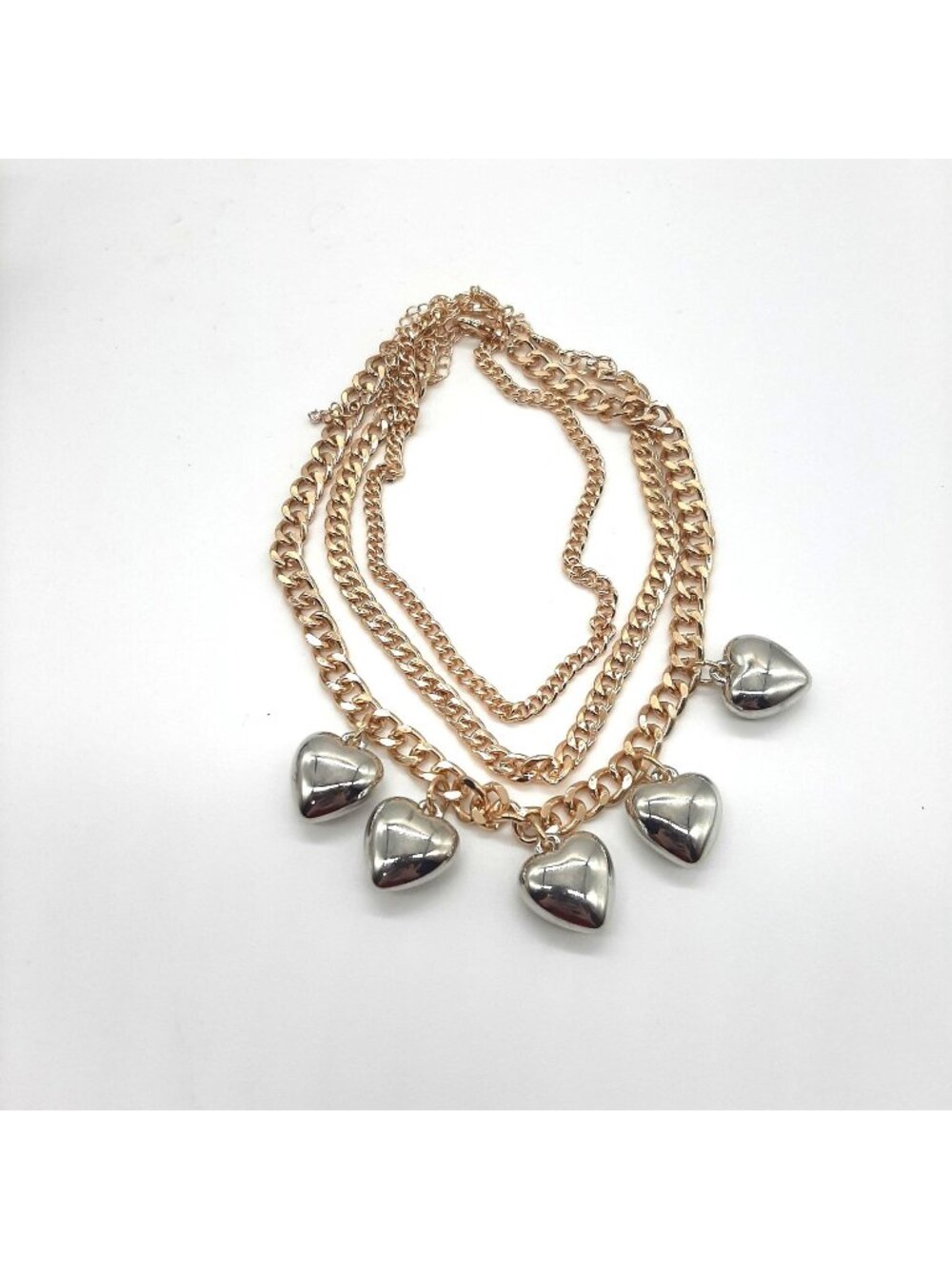 3 Chain Gold Silver Heart Charms Layered chunky Necklace adjustable chocker